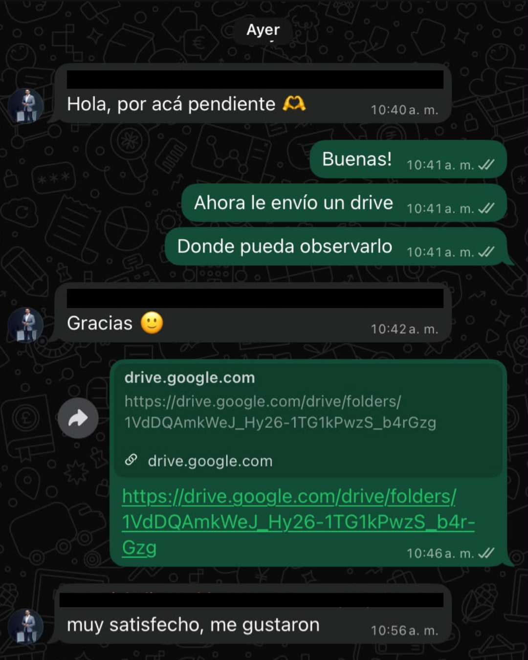 Conversación de WhatsApp con la reseña: Muy satisfecho, me gustaron